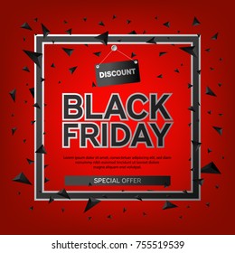 Black Friday Sale Poster with triangles on Red Background with Square Frame. Vector illustration