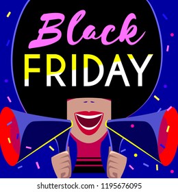 Black Friday Sale poster, vector sale banner with bright colorful speaker girl, smiling woman, sale sign. Pop Art retro style illustration. Sale flyer, design  advertising background template, vector.