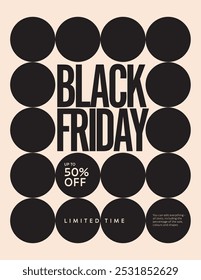 Modelo de vetor de pôster de venda Black Friday. Desconto, oferta especial, compensação, promoção de compras. Design mínimo, arquivo eps10 editável, imprimível.