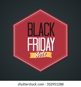 Black Friday Sale Poster Vector Illustration. Text with Banner on a Red Hexagon with Shadows and Dark Background.