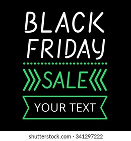 Black friday sale black poster vector banner with text in neon light style