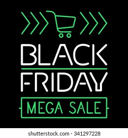 Black friday sale black poster vector banner with text in neon light style