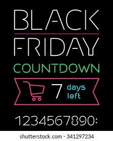 Black friday sale black poster vector banner with text in neon light style  with  countdown