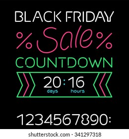 Black friday sale black poster vector banner with text in neon light style with  countdown