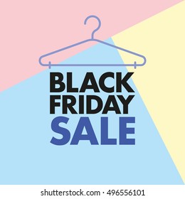 Black Friday sale poster. Vector illustration. Web banner for social networks. Simple minimalistic style with blue letters. Hanger for fashion clothes. For minimal typography lovers. Square.