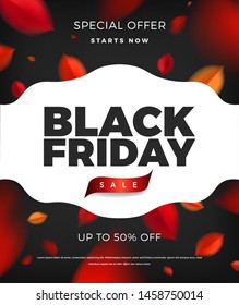 Black Friday sale poster vertical background with red leaves, fall autumn nature vector promo design elements. Web banner layout template
