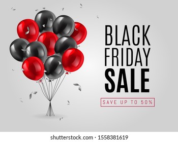 Black Friday Sale Poster or Web Banner. Black Friday Sale Poster with Black and Red Shiny Balloons Bunch on White Background. Vector illustration