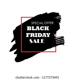 Black Friday Sale Poster with white text on grunge red brush stroke. Acrylic grunge paint brush stroke. Shopping discount promotion. Banner for business, promotion and advertising. Vector illustration