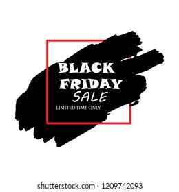 Black Friday Sale Poster with white text on grunge red brush stroke. Acrylic grunge paint brush stroke. Shopping discount promotion. Banner for business, promotion and advertising. Vector illustration