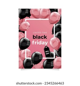 Black friday sale poster with a white frame, shiny pink and black balloons on pink background. Discount. Vector illustration