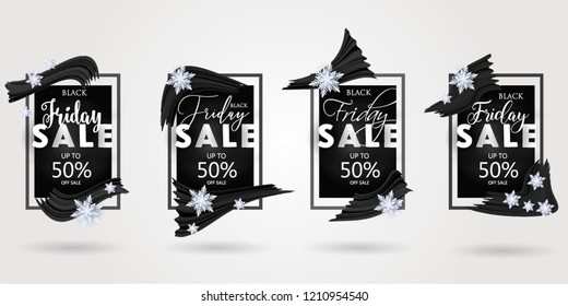 Black Friday Sale poster Winter sale banner. Origami snowfall snowflake. Vector Illustration Brush Background design business cards, invitations, gift cards, flyers and brochures brush acrylic stroke 