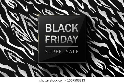 Black friday sale poster. Zebra pattern design. White and black luxury background. Paper art and craft style. Vector business illustration