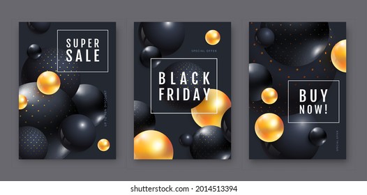 Black friday sale posters with 3D abstract black and gold spheres on dark black background. Set of typography posters. Vector illustration