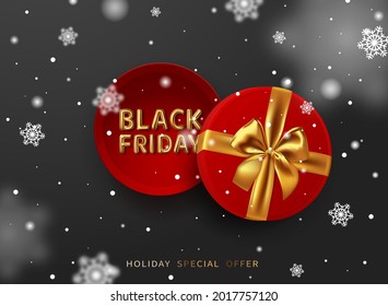Black Friday. Sale. Premium minimalistic banner, poster, logo gold color in a gift box on dark background with falling snowflakes. Christmas and new year shopping. Vector illustration.