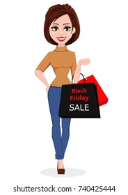 Black Friday sale. Pretty woman with bags, shopping while black Friday. Cute cartoon character. Vector illustration