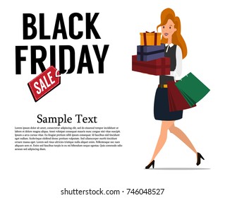 Black Friday sale. Pretty woman with bags and boxes, shopping while black Friday. Cute cartoon character. Vector illustration