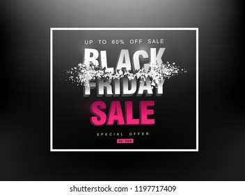 Black Friday sale. Price destruction. Destroyed letters with flying splinters. Creative template.