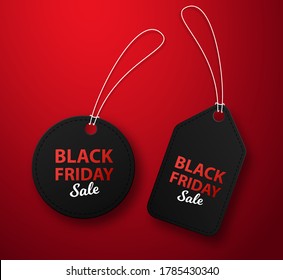 Black friday sale and prices, label design, offer and retail illustration. Conceptual design of advertising on a red background.
