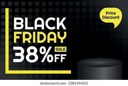 Black Friday Sale Product Template - 38% off Creative Advertising Banner, Black, White and Yellow, Polka Dots Background, Speech Bubble for Price