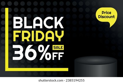 Black Friday Sale Product Template - 36% off Creative Advertising Banner, Black, White and Yellow, Polka Dots Background, Speech Bubble for Price