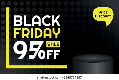 Black Friday Sale Product Template - 95% off Creative Advertising Banner, Black, White and Yellow, Polka Dots Background, Speech Bubble for Price