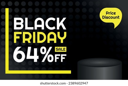 Black Friday Sale Product Template - 64% off Creative Advertising Banner, Black, White and Yellow, Polka Dots Background, Speech Bubble for Price