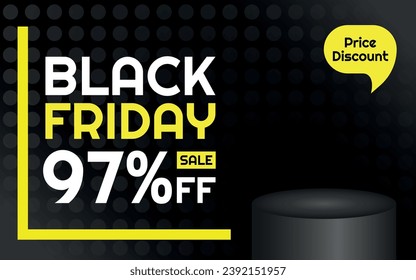 Black Friday Sale Product Template - 97% off Creative Advertising Banner, Black, White and Yellow, Polka Dots Background, Speech Bubble for Price