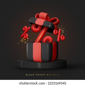 Black friday sale promo background. Realistic 3d design in cartoon style, dark stage podium, round studio for sales. Black open gift box with percent. Web poster, holiday banner. vector illustration