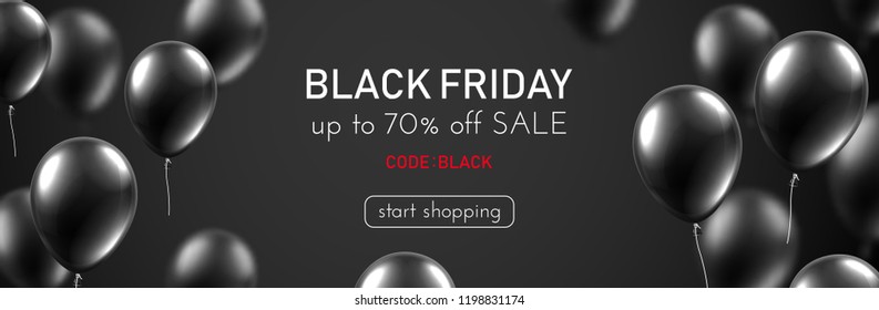 Black friday sale promo banner with shiny balloons. Up to 70% off, code black. Advertising for store. Vector background. 