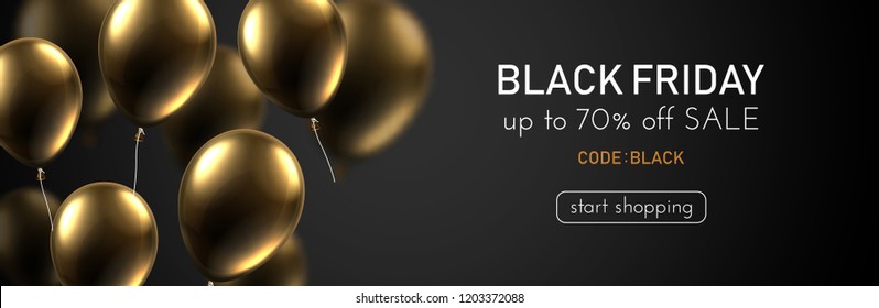 Black friday sale promo banner with gold shiny balloons. Special price up to 70% off, code black. Vector background. 
