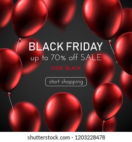 Black friday sale promo poster with red shiny balloons. Up to 70% off, start shopping. Advertising for store. Vector background. 