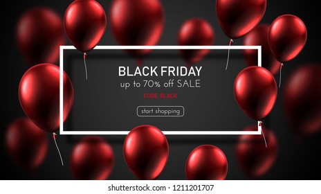 Black friday sale promo poster with red glossy balloons and white square frame. Start shopping, advertising for store. Vector background. 