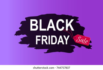 Black friday sale promo poster with advertising information about discounts on painted stroke in black color inscription isolated on purple background