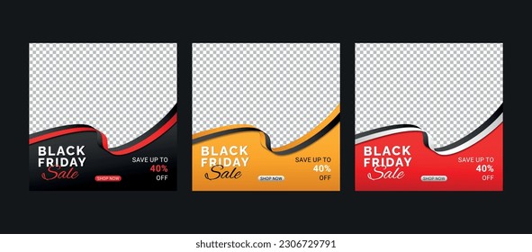Black Friday sale promo posters. Dark background with black and red balloons for seasonal discount offer, social media premium vector template set