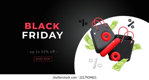 Black Friday Sale promo template poster for website 3d vector design. Black store paper gift bags with   red, white, black discount percent symbol and green dollar. Place for text.