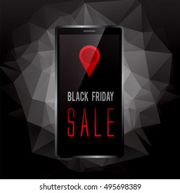 Black Friday sale promo text with mobile device and geo tag symbol on screen advertising vector illustration