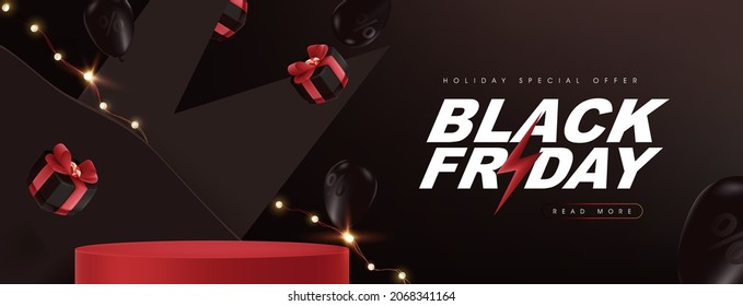 Black friday sale promotion banner layout design with product display cylindrical shape