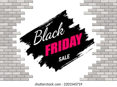 Black Friday sale promotion banner. Broken brick wall with blank white space inside and black brush strokes with advertising slogan. Vector illustration