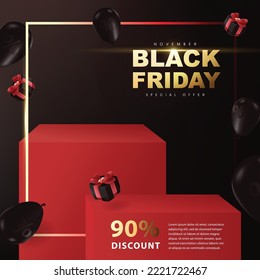 Black Friday sale promotion banner layout design with product display table and copy space