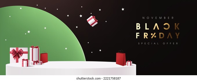 Black friday sale promotion banner layout design with product display cylindrical shape and copy space