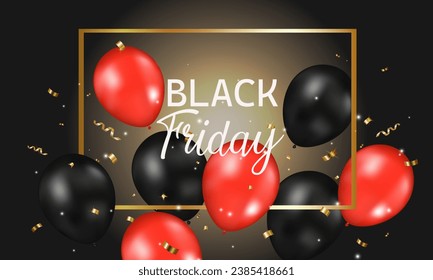 Black friday sale promotion banner with shiny balloons, Shopping sale and discount festive. Vector illustration.