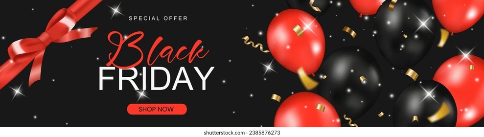 Black friday sale promotion banner with shiny balloons, Shopping sale and discount festive. Vector illustration.