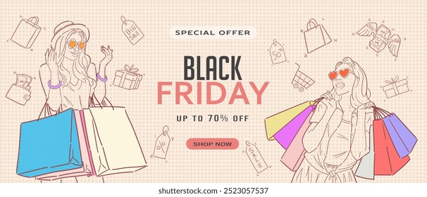 Black Friday sale promotion banner or flyer design with retro or pop art style illustration. Special offers Black Friday Sale up to 70 % off. Vector.