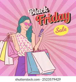 Black Friday sale promotion banner or flyer design with retro or pop art style illustration. Vector.