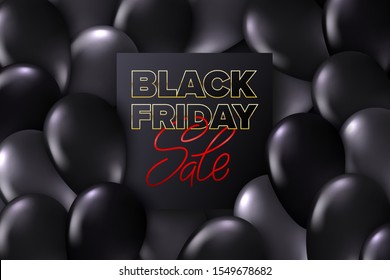 Black Friday sale for promotion design. Dark card with typography on realistic glossy flying monochrome balloons. Advertising sign. Market special offer discount. Vector illustration. 