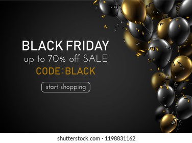 Black friday sale promotion poster with golden and black shiny balloons and serpentine. Special price, code black. Vector background. 
