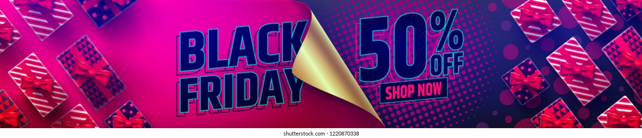 Black Friday Sale Promotion Poster or banner with open gift wrap paper concept.Special offer 50% off sale with gift box.Promotion and shopping template for Black Friday.Vector illustration EPS10