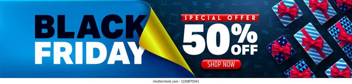 Black Friday Sale Promotion Poster or banner with open gift wrap paper concept.Special offer 50% off sale in black and blue style.Promotion and shopping template for Black Friday