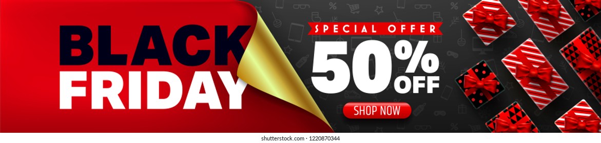 Black Friday Sale Promotion Poster or banner with open gift wrap paper concept.Special offer 50% off sale in black and red style.Promotion and shopping template for Black Friday