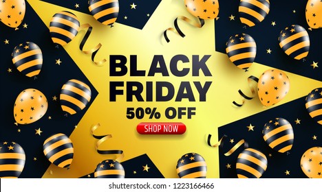 Black Friday Sale Promotion Poster or banner with balloons  concept.Special offer 50% off sale in black and golden color style.Promotion and shopping template for Black Friday